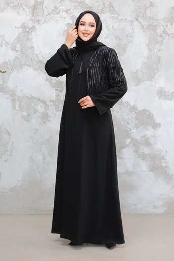 Neva Style Patterned Black Hijab Abaya 15079S