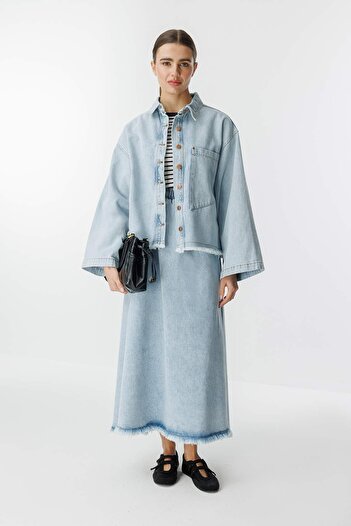 Hooopstore Denim Ice Blue Skirt Suit