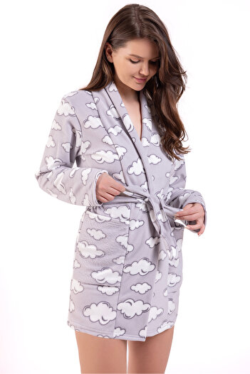 Ecrou Women's Gray Cloud Patterned Fleece Dressing Gown