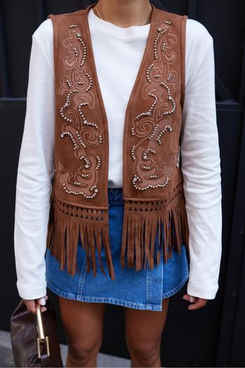 Askı Nişantaşı Suede Vest - Brown Embroidered, Stone Printed and Tassel Detail