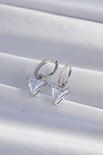 SeyCey.co Brass Silver Color Triangle Zircon Stone Dangle Hoop Earrings
