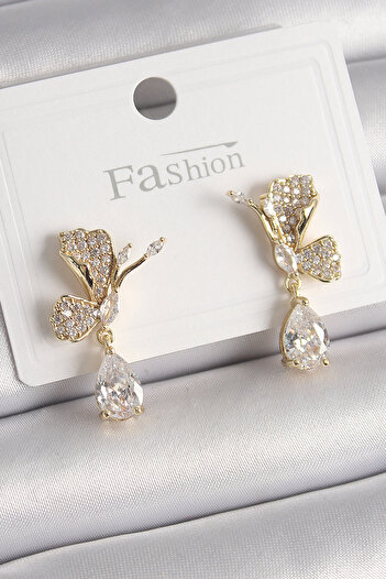 SeyCey.co Brass Gold Color Zircon Stone Crane Bird Model Dangle Detail Women's Earrings