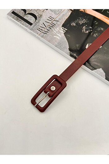MODAM HİFA Burgundy Rectangular Plated Buckle Women's Belt Trouser Belt Dress Belt Shirt Belt Coat Belt