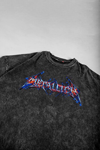 Sekizbiraltı Πολύχρωμο λογότυπο Metallica με τυπωμένο Washed Smoked Oversize μπλουζάκι Unisex
