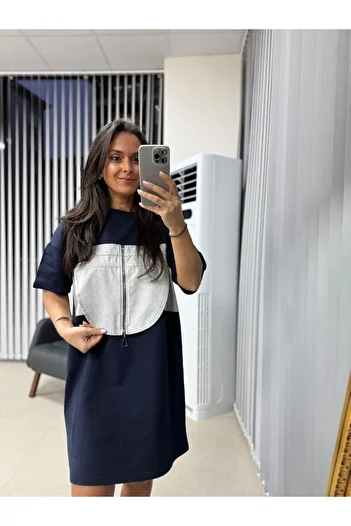 caddstore Sg Zipper Detailed Grey-Navy Dress