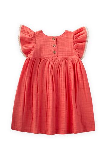 Cigit Organic Embroidered Muslin Dress for Girls 2-10 Years - Coral