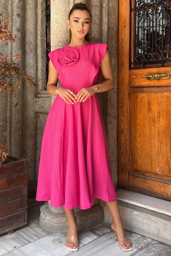 GÜLSELİ Fuchsia Women's Dress - Rose Detailed