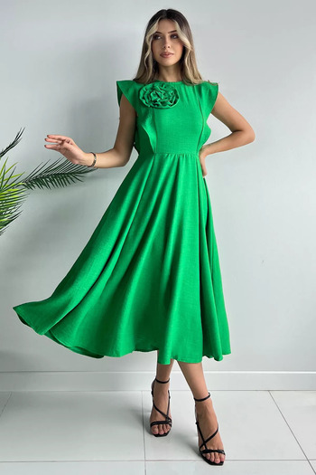 GÜLSELİ Green Rose Detailed Women's Dress