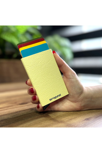 Wrapsol Automatic Mechanism Credit Card Holder with Aluminum Rfid Protection - Cream Leather
