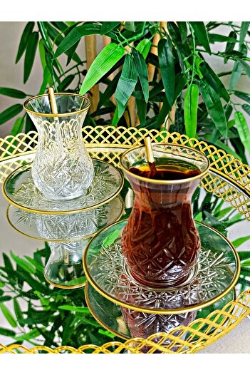 Eslim Pasabahce Gold Pattern Cutout Crystal Tea Cup Set Set 18 Pieces Tea Set Special Series of 6 People