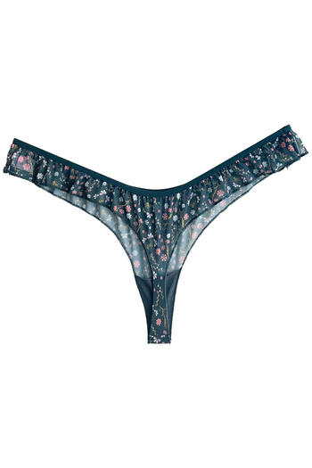 Cottonhill Tenan Green Floral Patterned Tulle Thong Panties with Frilled Edges