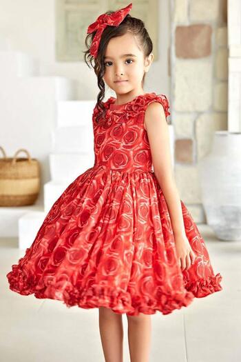 Riccotarz Girl's Ruffled Collar and Hem Rose Printed Sleeveless Red Dress