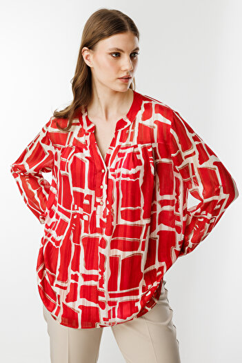 Ekol Buttoned Collar Patterned Blouse