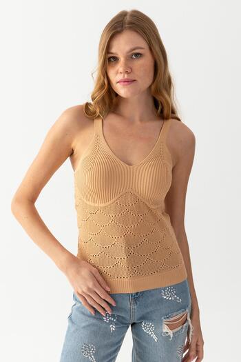 Irmak Kerekli Women's Beige Halter Neck Perforated Knitwear Undershirt Women's Undershirt 171810