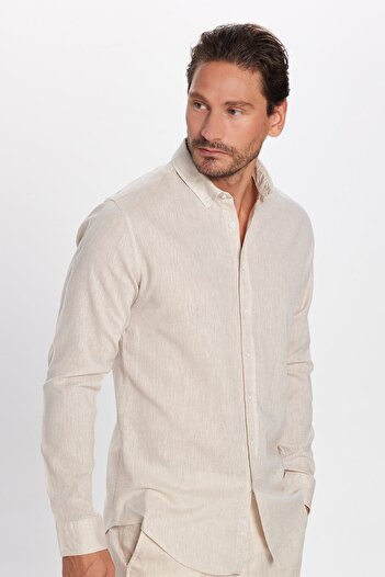 Tudors Beige Slim Fit Linen Premium Sports Shirt - Long Sleeve, Button-Down Collar