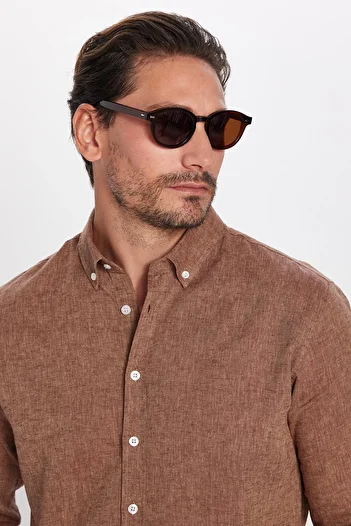 Tudors Men's Slim Fit Slim Fit Long Sleeve Linen Premium Series Buttoned Lapel Sports Brown Shirt
