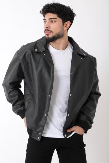Stilkombin Oversize Collared Faux Leather Coat with Snap Fastener Arw_50373