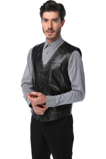 Dericlub Men's Classic Genuine Leather Vest - Kossel Black Buttoned