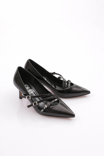 DGN Black Patent Leather Thin Heeled Belted Women's Shoes - 3738535