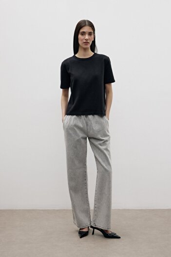 mervis Denim Trousers with Stone Embroidered Elastic Waist