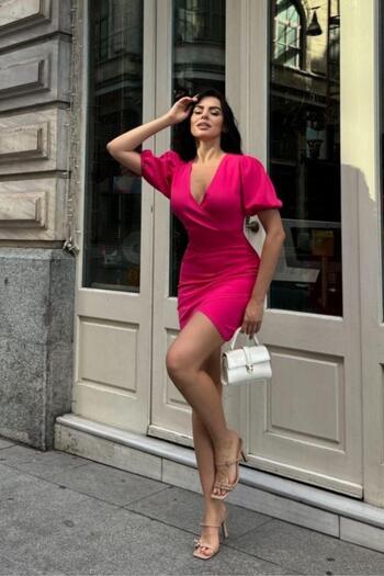 Mossta Fuchsia Balloon Sleeve and Drawstring Double Breasted Dress