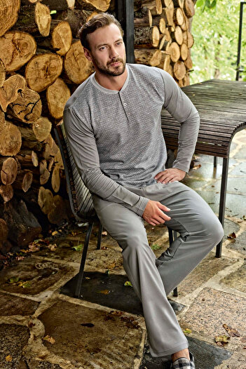 andredimoda Aydoğan Men's Jacquard Fabric Long Sleeve Pajama Set - 100% Cotton, Seasonal, Gray