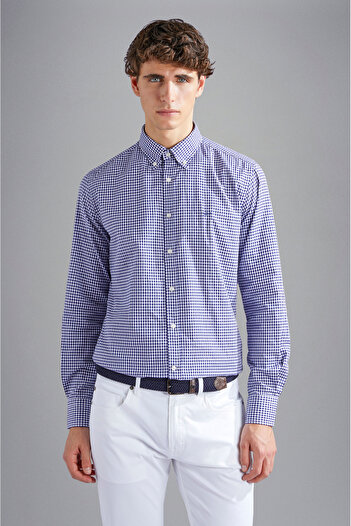 PAUL&SHARK Men's Oxford Cotton Slim Fit Long Sleeve White-Blue Shirt C0P3053-004