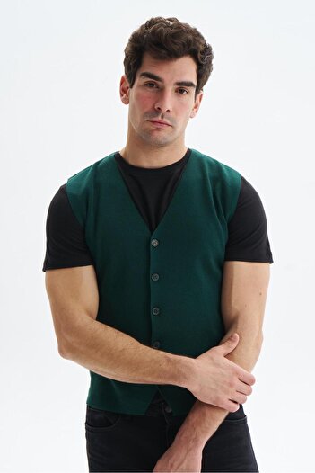 Arma Men's Green Slim Fit Knitwear Vest 100% Cotton Pima Cotton – Buttoned, V-Neck, Basic Style K9Kro0853