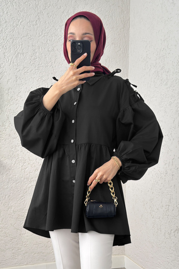 Salih Çelebi Lace Detailed Balloon Sleeve Tunic - Black