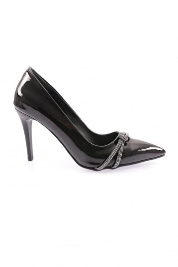 DGN Kn-02-23y Black Patent Leather Women's Evening Dress Shoes - Silver Stoned Banded