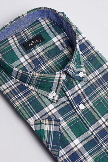 Tudors Men's Big Size Large Size Short Sleeve Plaid Button Collar Green Shirt