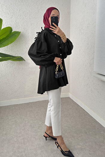 Salih Çelebi Lace Detailed Balloon Sleeve Tunic - Black