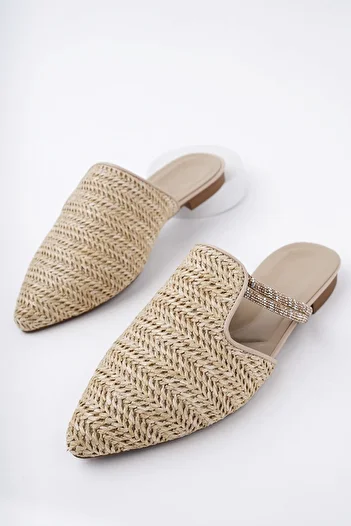 MUGGO Jaylin Women's Stoned Casual Straw Slippers with Closed Front