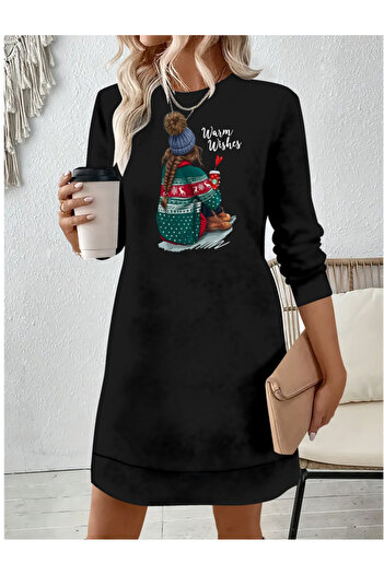 buğrahayalin Women's Long Sleeve Crew Neck Print Viscose Two Thread Dress