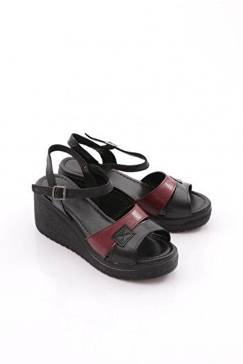 DGN Women's Row Double Banded Wedge Sandals Genuine Leather Black Claret Red 2495318