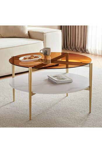 Generic Round coffee table with tempered glass and white wood shelf and gold metal frame