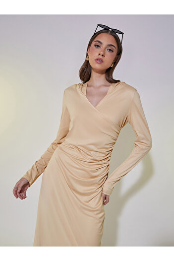 Take Two By Styli Ruched Detail Hooded Sheath Maxi Dress