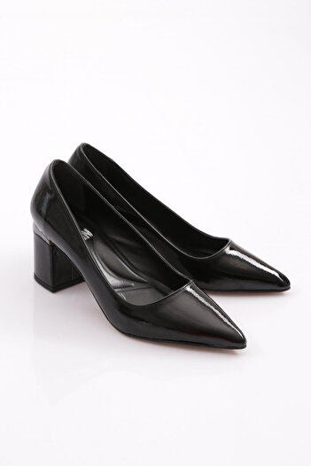 DGN Women's Pointed Toe Thick Heeled Shoes Black Wrinkled Patent Leather 44112534