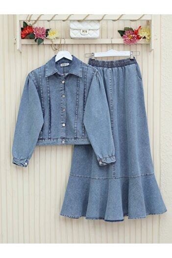 Modamorfo Ice Blue Denim Set - Flounce Skirt and Buttoned Jacket