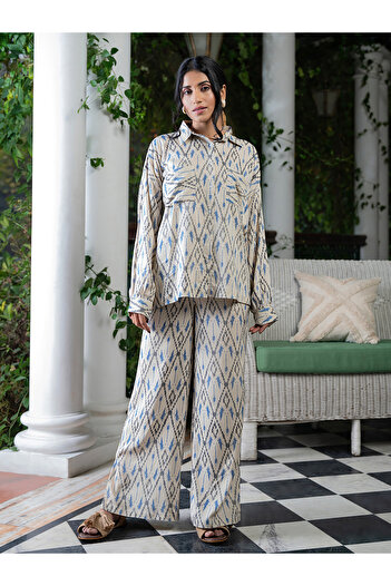 Sanskrutihomes By Styli All Over Print Collared Pocket Detail Shirt and Wide Leg Pants Co-Ords