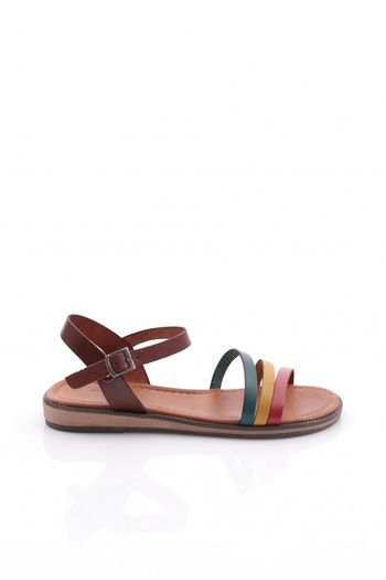 DGN Women's Row Triple Strap Sandals Genuine Leather Brown Yellow Red Green 4157318