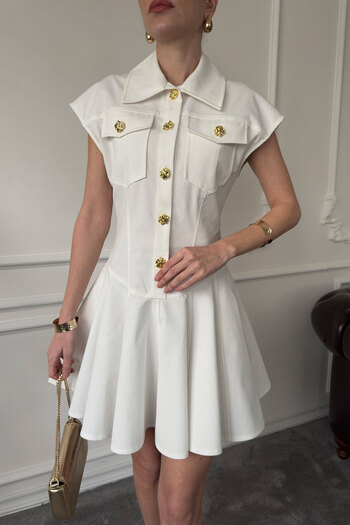 MAGARDE Ecru Mini Dress - Gold Button Detail