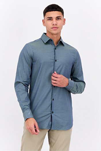 Perry Ellis Men Slim Fit Birdseye Long Sleeves Casual Shirt, Dark Sage Green