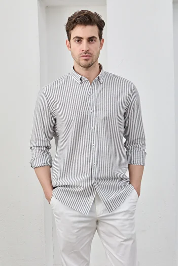 RAVANELLI Men's Shirt Black Striped Cotton Linen Modern Slim Fit Shirt