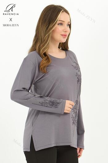 Ravencia Women's Middle-Aged and Above Viscose Stripe Pattern Stone Embroidered Lycra Gray Mother's Combed Cotton Blouse