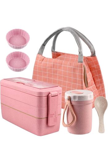 COOYA 3In1 Wheat Straw Bento Lunch Box Kit,Stackable Compartment,with Bag,Leakproof Microwave-Safe,Pink