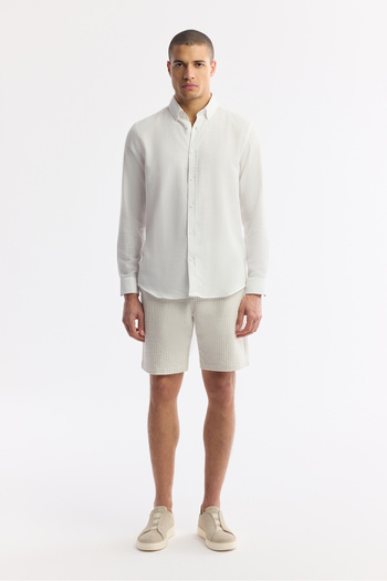 Avva Men's Relaxed Fit Beige Elastic Waist Lace-Up Seersucker Cotton Shorts A51Y3704