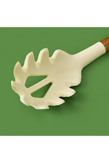 MİEN Beige/Brown Silicone Pasta Colander, 32 Cm, Acacia Handle, Stylish and Convenient