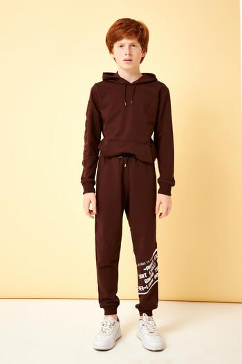 Perendi Never Look Print Detailed Boys' Sweatpants Brown