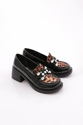 DGN Stone Buckle Loafer Women's Shoes Black Patent Leather Leopard 3214535